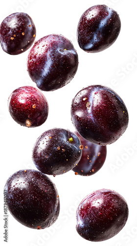 Plums Flying in Air Dynamic Food Composition Isolated on Transparent Background