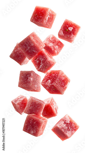 Watermelon Cubes Flying in Air Dynamic Food Composition Isolated on Transparent Background