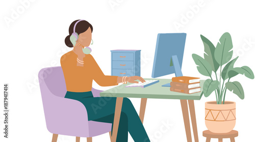 Female customer service agent working remotely at home with computer and phone