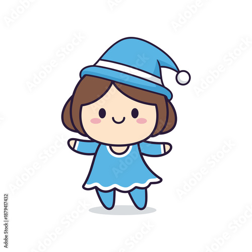Cute Cartoon Girl in Blue Outfit and Hat Illustration