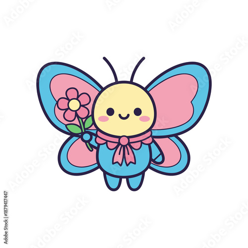 Adorable Cartoon Butterfly with Flowers