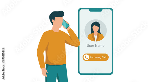 Man receiving an incoming call on his smartphone, flat illustration