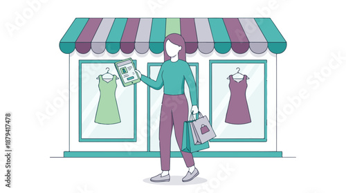 Woman using tablet for online shopping at a retail clothing store