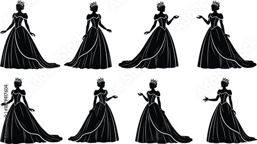 Beautiful queen princess silhouette set wearing crown and long ball gown dress, royal female character vector illustration isolated on white.