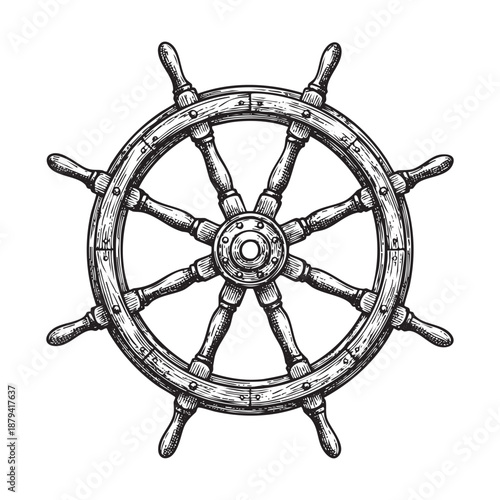 Vintage Wooden Ship Steering Wheel Illustration