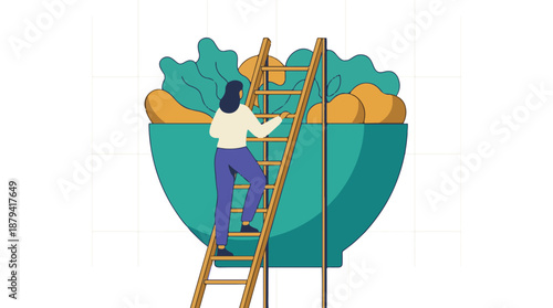 Woman climbing ladder into a large bowl of healthy food, concept of healthy diet