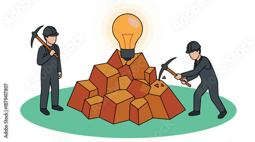 Miners discovering a light bulb, symbolizing idea generation and innovation