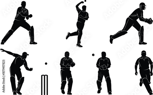 Cricket player silhouette set including batsman and bowler action poses, vector illustration isolated on white background sport design art collection.