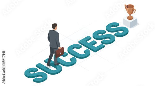 Businessman walking on SUCCESS towards a golden trophy, isometric concept