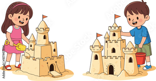 Cute cartoon boy and girl playing on the beach, building sandcastles with shovel and bucket, summer vacation vector illustration isolated.