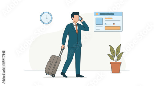 Businessman with luggage talking on smartphone, preparing for business trip