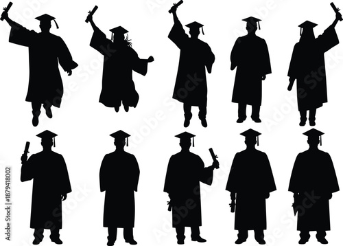 Graduation silhouette vector set, happy students jumping with diploma, university commencement collection, academic gown and mortarboard cap, education success illustration.