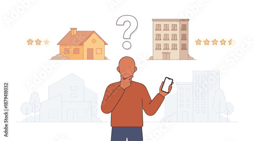 Thoughtful person comparing house and apartment ratings on a smartphone.