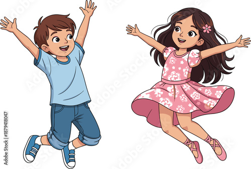 Happy cartoon boy and girl jumping high with joy, energetic kids having fun together, vector illustration isolated on white background.