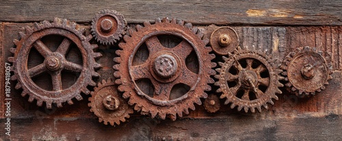 Rusty metal gears attached to a wooden wall