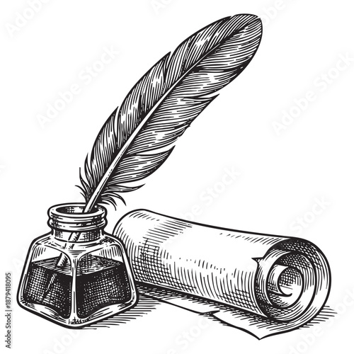 glass inkwell with a feather quill pen dipped inside, positioned next to a rolled parchment scroll in a vintage woodcut style