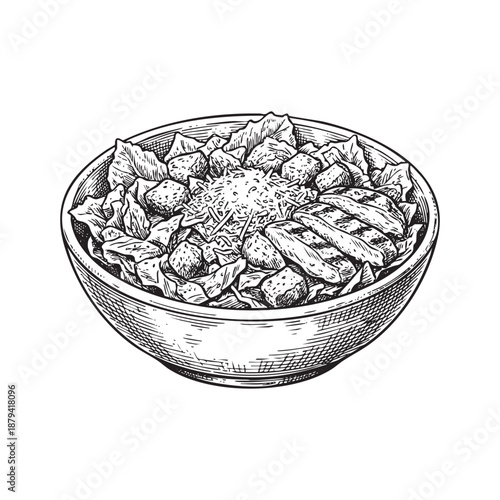 filled with salad greens, croutons, cheese, and grilled chicken strips in a vintage woodcut style.