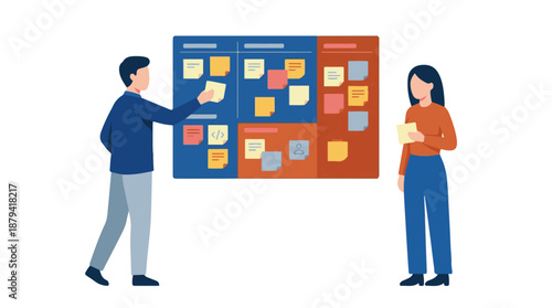 Business team managing tasks on a Kanban board during a meeting