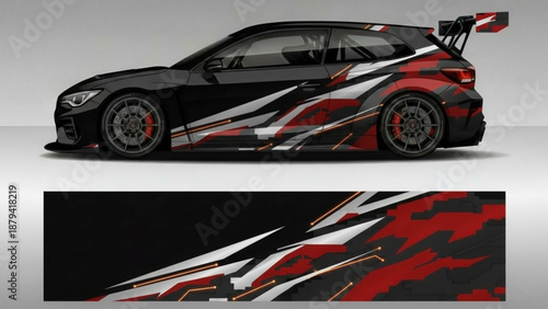 Black sports car with aggressive red and white geometric racing graphic wrap design.