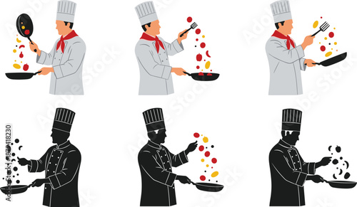 Professional chef cooking food in frying pan, tossing vegetables with skill, vector illustration set including silhouette, isolated on white background.