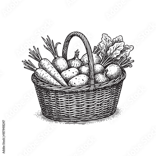 wicker basket overflowing with harvested root vegetables like carrots, potatoes, and onions in a vintage woodcut style