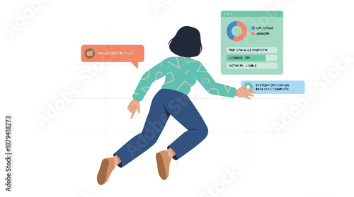 Person in motion surrounded by digital notifications and system performance metrics