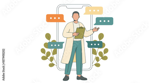 Online medical consultation concept with doctor holding clipboard and chat bubbles