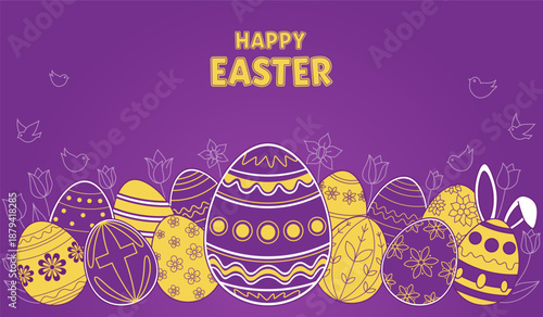 Happy Easter Day background with easter eggs isolated on purple background