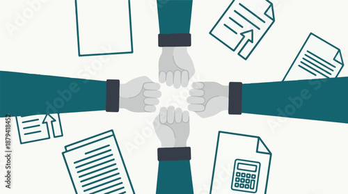 Teamwork in Business Concept with Fists, Documents, and Calculator
