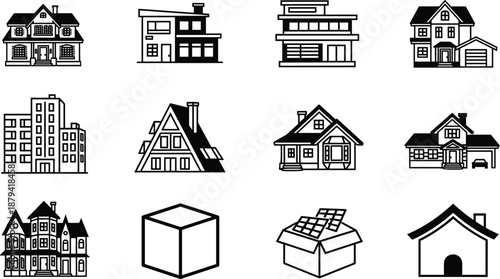 Set of black and white house icons featuring modern, cottage, and apartment architecture, vector illustration for real estate design.