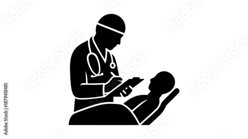 Doctor writing medical report near patient silhouette