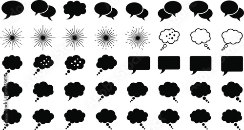 Set of black speech bubbles, thought clouds, and starburst icons, vector illustration collection for comic book and communication design.