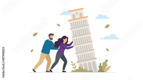 Man and woman pushing a leaning building, concept of teamwork and support