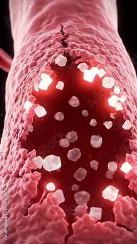 Close-Up View of Damaged Artery with Sugar Crystal Buildup on Black Backdrop Medical Educational Video for Diabetic
