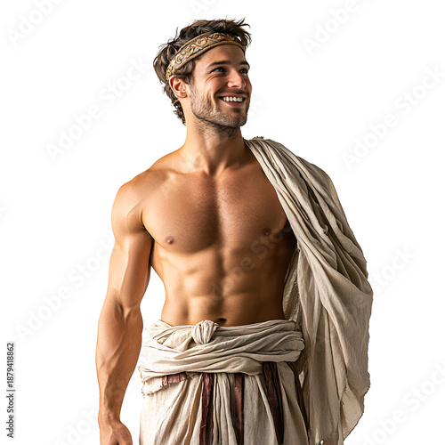 Front View Mid Body Shot of Man Wearing Ancient Greek Athlete Costume Smiling Isolated on Transparent Background