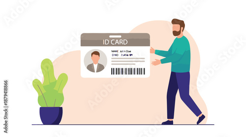 Man holding a personal ID card with user data and barcode illustration