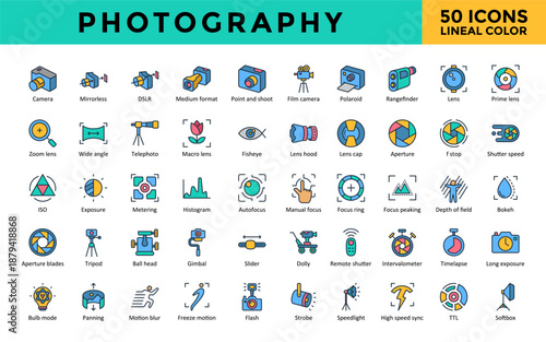 Photography icons set with camera, mirrorless,  telephoto, point and shoot, bokeh, focus peaking, depth of field, aperture,  ttl, softbox icon. Simple lineal color vector 
