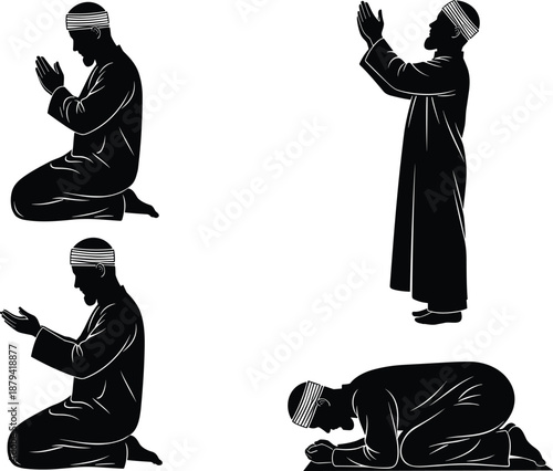 Set of Muslim man praying silhouettes in different poses, standing, kneeling and prostrating, vector illustration for Islamic religious design.