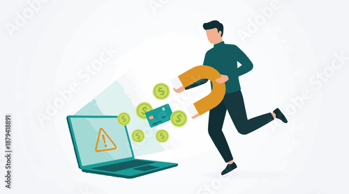 Man using magnet to steal financial data from laptop with warning sign