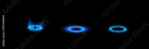 Circular portals, teleport, hologram gadget. Futuristic teleport. Projector HUD or podium for magic circle teleportation. Set of circle holograms.Empty podium light effect.