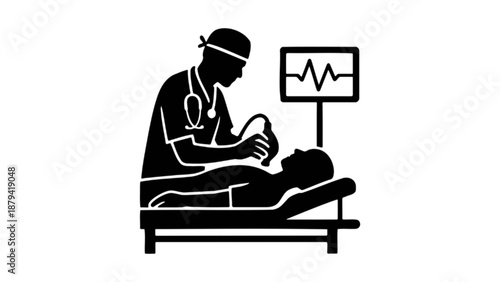 Doctor monitoring patient with medical equipment silhouette