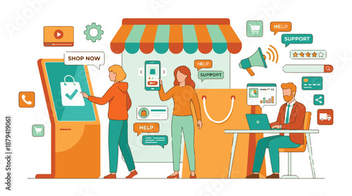 E-commerce Business Concept with Online Shopping, Digital Support, and Analytics