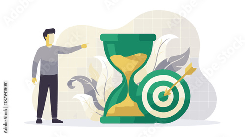 Concept of time management and goal achievement with man, hourglass, and target
