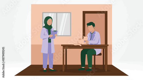 Veterinarian examining a cat in a clinic with an assistant