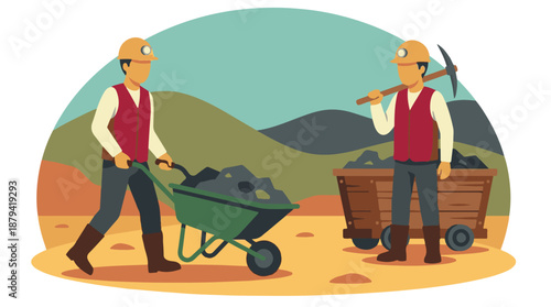 Miners working with coal, a wheelbarrow, and a pickaxe in an industrial landscape.
