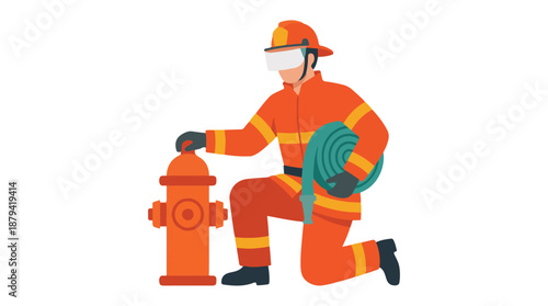 Firefighter with helmet and hose kneeling by a fire hydrant