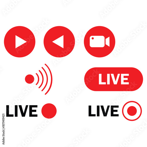 A collection of live streaming, media player, and recording icons for broadcasting applications