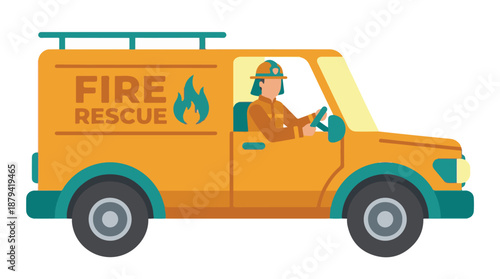Fire rescue truck with firefighter driving, emergency vehicle illustration