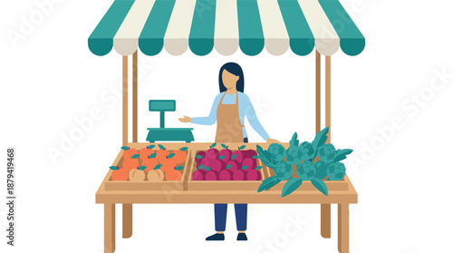 Illustration of a woman selling fresh organic produce at a local market