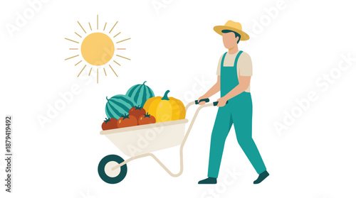 Farmer pushing a wheelbarrow full of freshly harvested vegetables and fruits